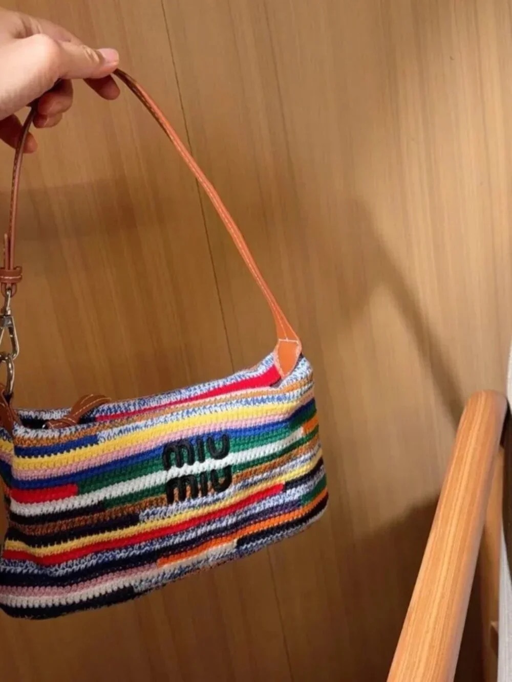 Miu Miu Multicolor Striped Crochet Shoulder Bag with Tan Strap